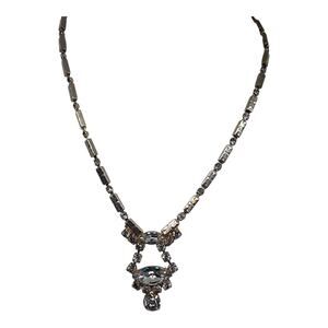 Vintage Rhinestone Y Drop Necklace Silver Tone Clear Glass Bib Statement Evening